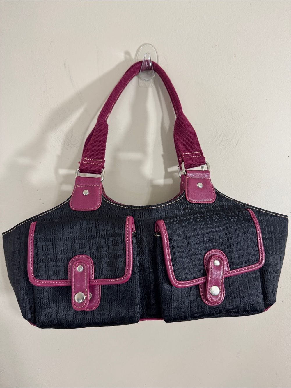 Chateau Y2K East West Black Fabric Magenta Faux Leather Trim Shoulder Bag Summer